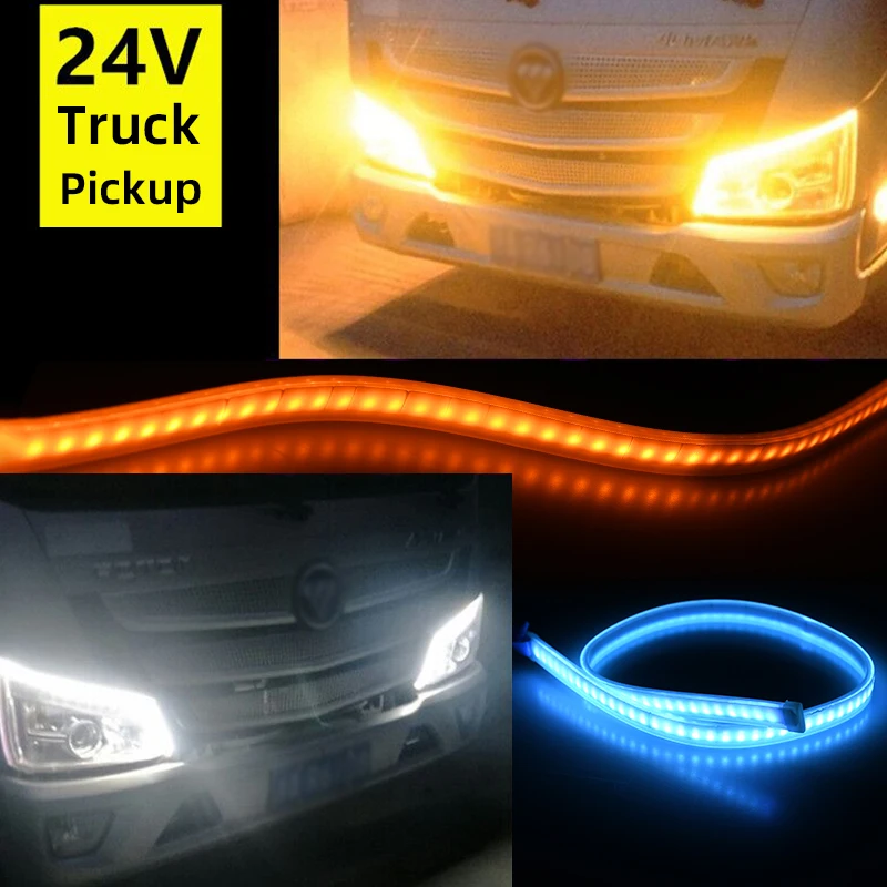 2Pcs 24V Car DRL Daytime Running Light  Yellow Signal Turn 30/45/60/70cm Waterproof Cuttable LED Signal Lamp For Pickup Truck