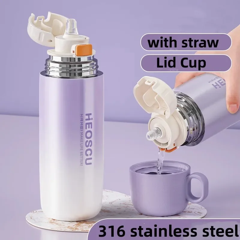

Stainless Steel Thermos Bottle for Hot Coffee, Thermal Water Bottle with Straw, Insulated Cup, Vacuum Flasks, Double Wall Travel