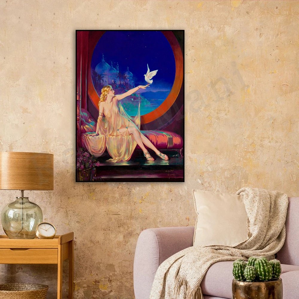 Exotics with dove prints • 1940s pins • Vintage paintings of women in the castle • Antique fantasy art • Home decor posters