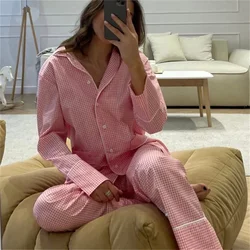 Korean Vintage Plaid Pajamas Sets Women Long Sleeve Shirts Pyjamas Autumn Sweet Pink Gingham Loungewear Sleepwear