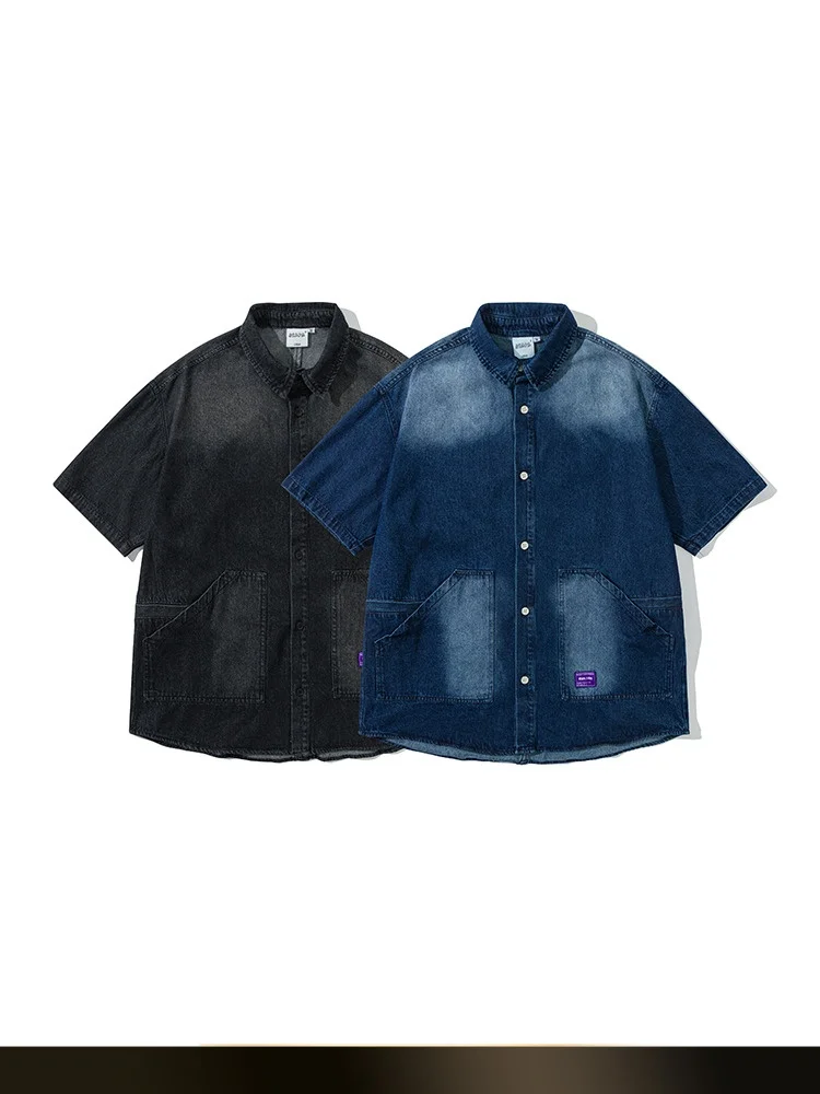 

American Retro Waed Bleached Denim ort Sve irt Summer Loose Casual Workwear irt Jaet for Youth Cotton Polyester