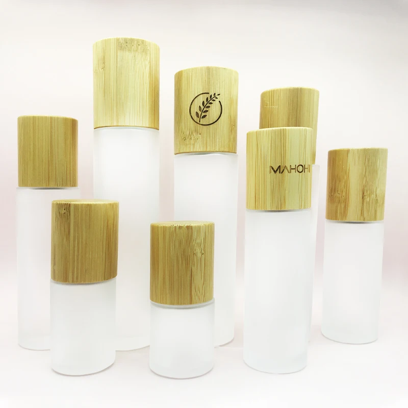 

88pcs Engrave logo 4 oz 100ml bamboo spray bottle bamboo lotion frosted glass bottle with pump wooden cap bamboo perfume bottles