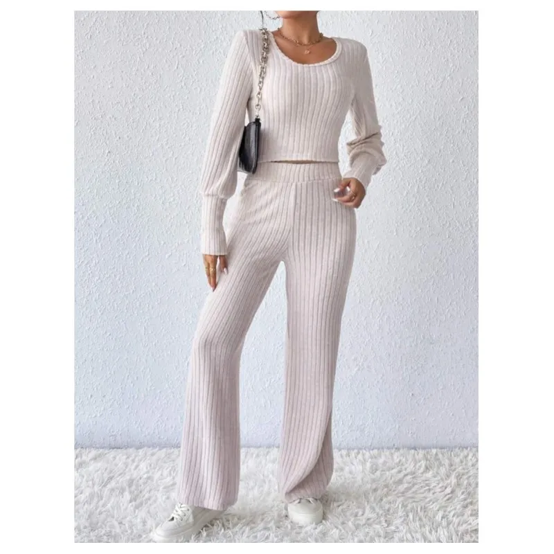 

Осенне-зимние комплекты из двух предметов, женский наряд 2024, модный однотонный спортивный свитер с длинными рукавами, топы и широкие брюки, комплекты костюма