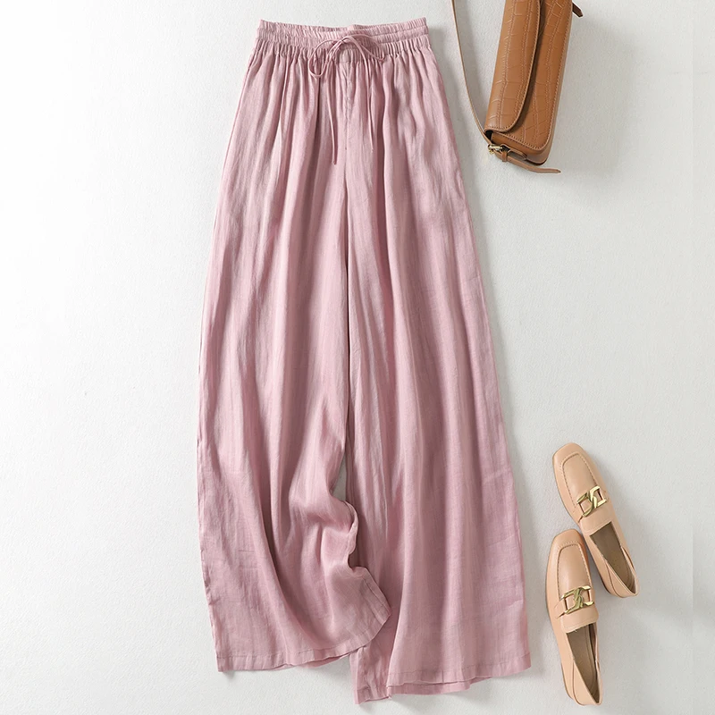 New High Waist Breathable Double Layered Linen Wide Leg Pants Loose Drape Thin Nine Points Casual Skirt Pants Youthful