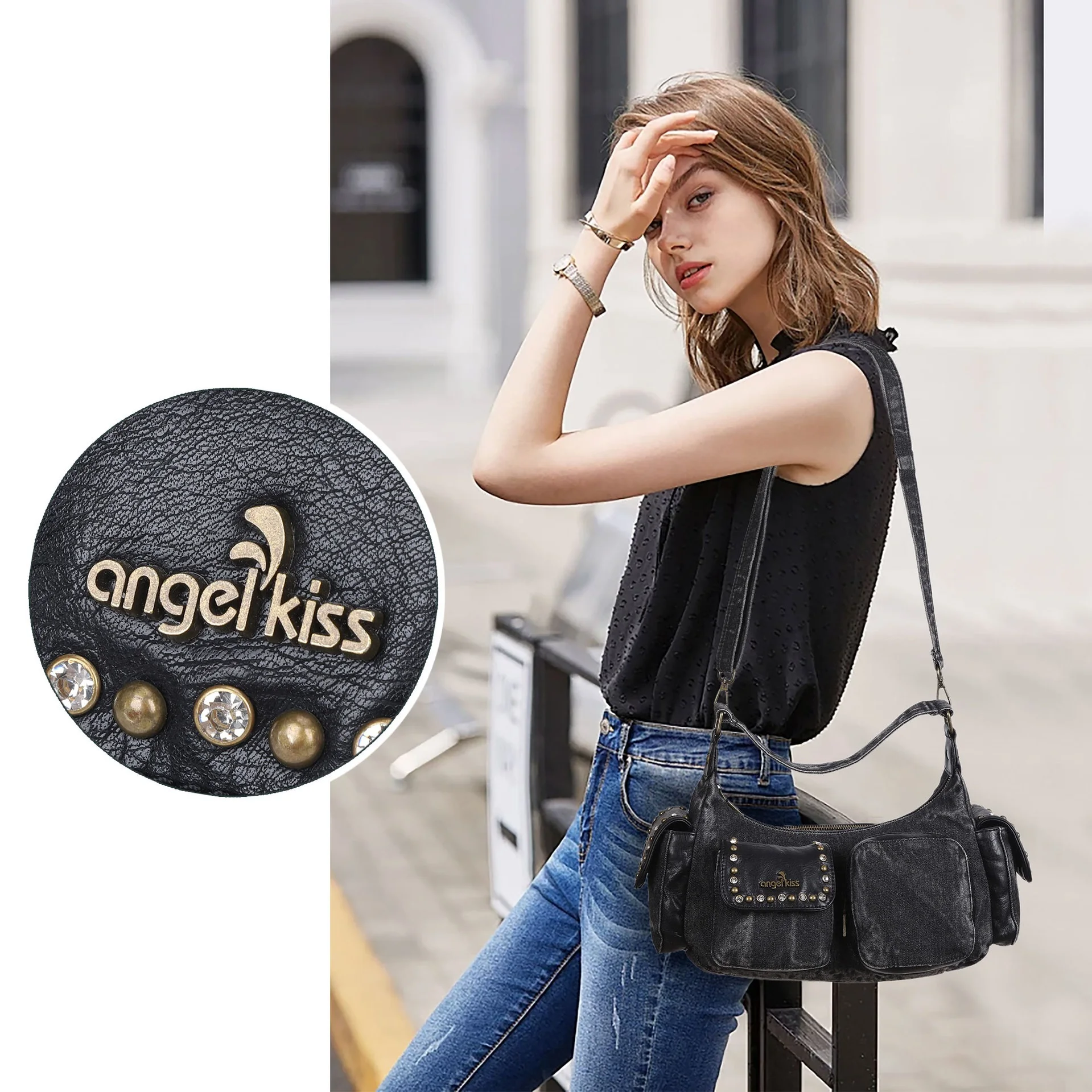 Angelkiss Women Handbags Satchel Top-handle Denim Shoulder Bag Large Dumpling Pack Canvas Shoulder Bags Phone Money Pack