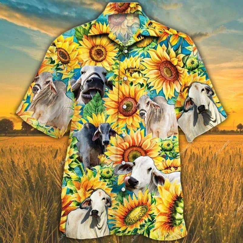 Jumeast 3D Print Black Angus Cattle Lovers Sunflower Watercolor Hawaiian Shirt Farm Cow Farmer Gifttify Men Beach Blouse Clothes