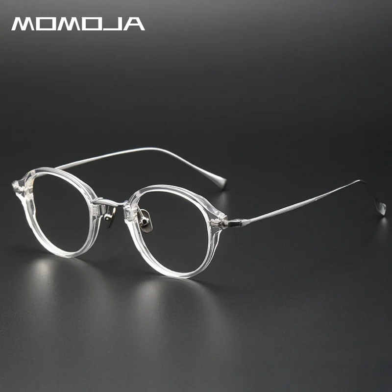 momoja-アセテート高級チタン眼鏡フレーム新しいレトロラウンド高品質光学処方眼鏡男性と女性-kmn182