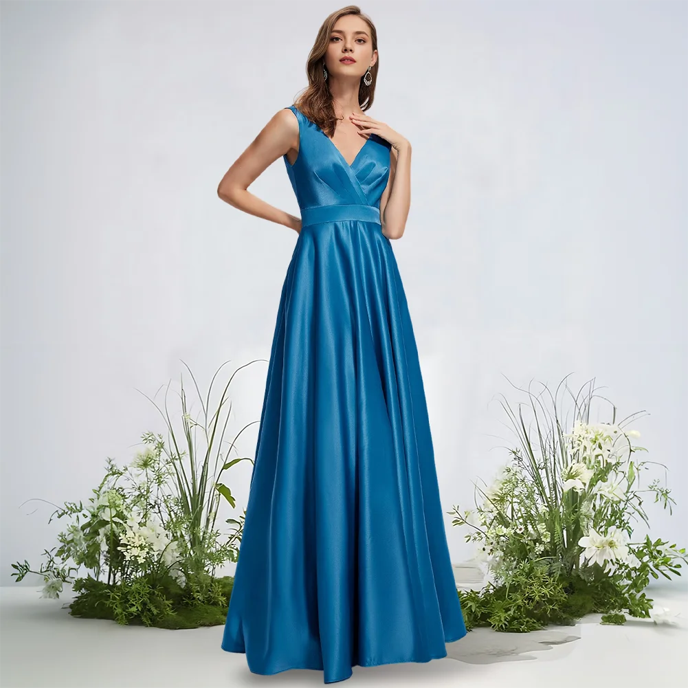

Elegant Royal Blue V-Neck Satin Evening Dress 2025 Floor-Length A-Line Formal Gown With Pleated Wedding Party Prom Attire