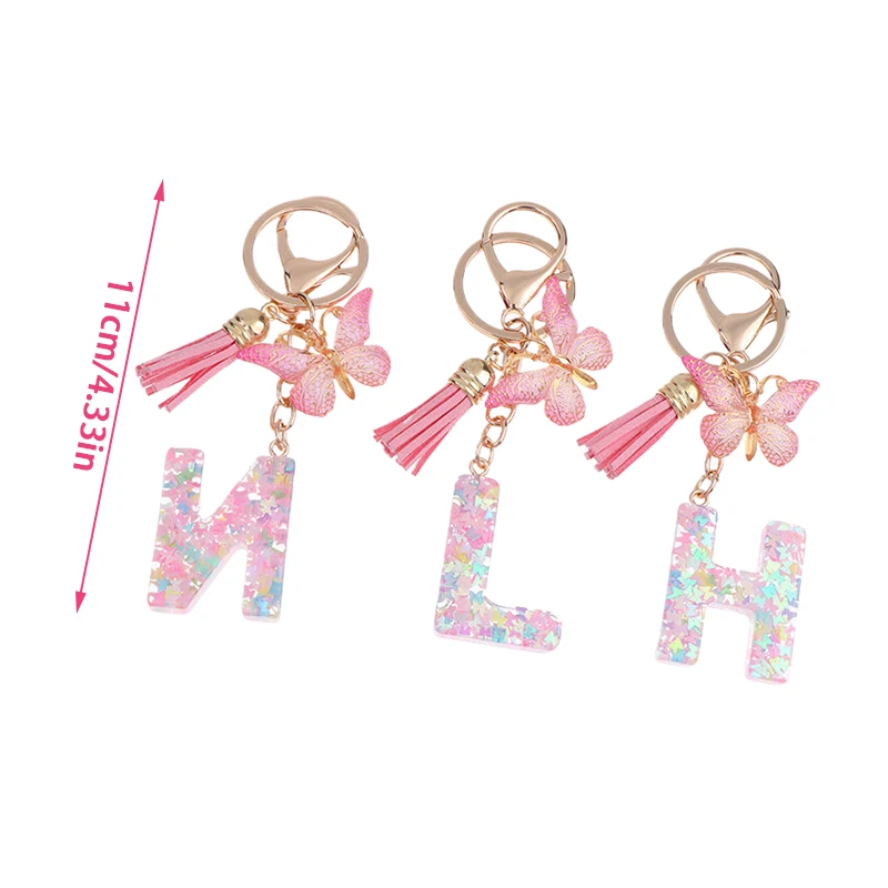 A-Z Dreamy Sequin Letters Keychain For Women Tassel Butterfly Pendant Initial Keyring Purse Suspension Bags Charms Car Key Chain