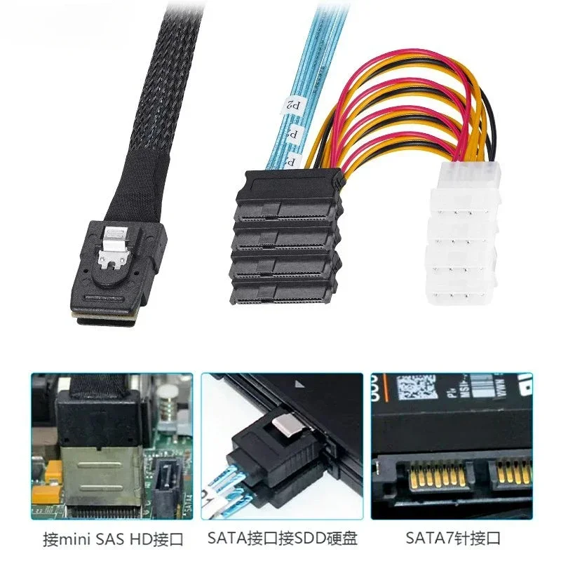 Mini SAS Cable SFF 8087 To 4 SFF -8482 Large 4PIN 15pin Power Hard Disk Data Cable SFF-8087 Host To 4 SAS 29Pin SFF8482 Cable
