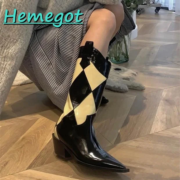 Diamond Pattern Pointed Toe Mid Calf Boots Women Shoes White Black Mixed Colors Block Heel Autumn Winter European Style Newest