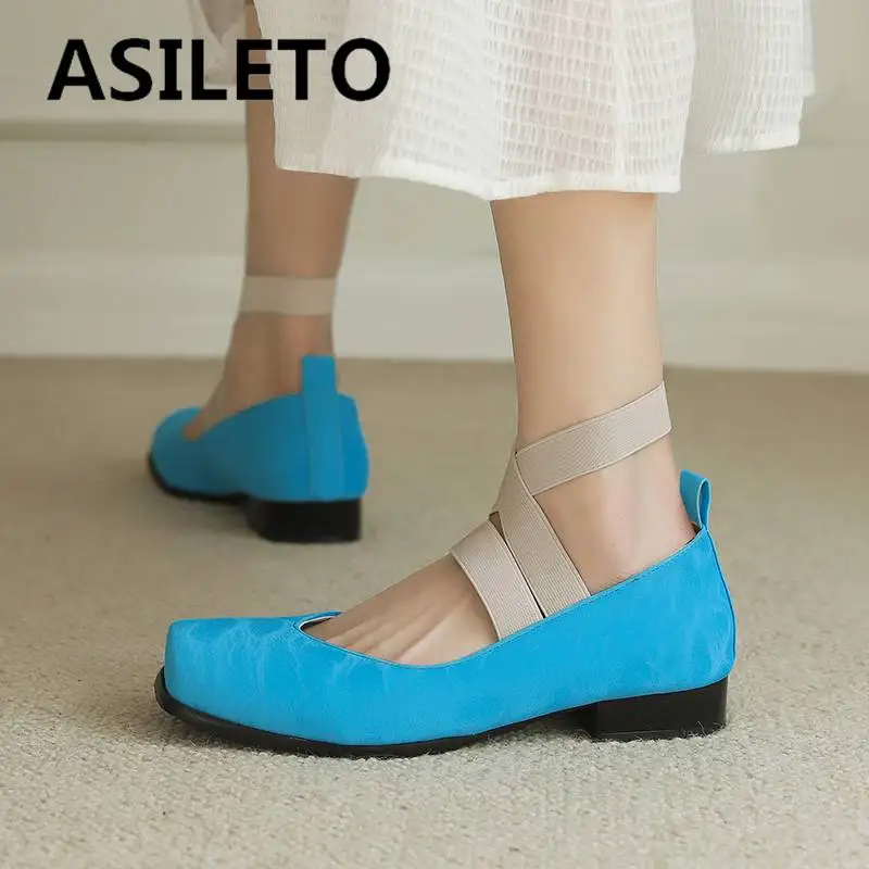 

ASILETO Brand Ladies Flats Square Toe Low Heels 3cm Ankle shoes Strap Solid Concise Female Ballet Shoes Big Size 46 47 48