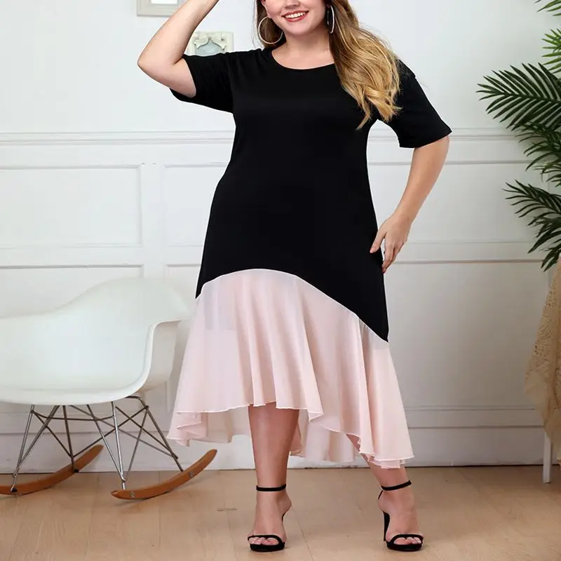 

Women's plus size casual dress, round neck, short sleeves, pleated, irregular stitching, summer, new style.
