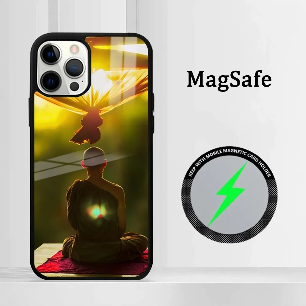 Cute Buddha Monk Zen Buddhism  Phone Case For iPhone16 15 14 13 12 11 Pro Max Plus Mini Mirror Magnetic Cover