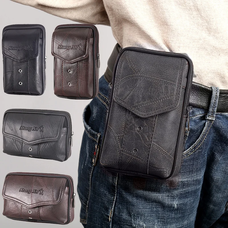 Large Capacity Men's Leather Bag Wear Belt Waist Bag Mobile Phone Bag Men's Coin Purse Cigarette Bag