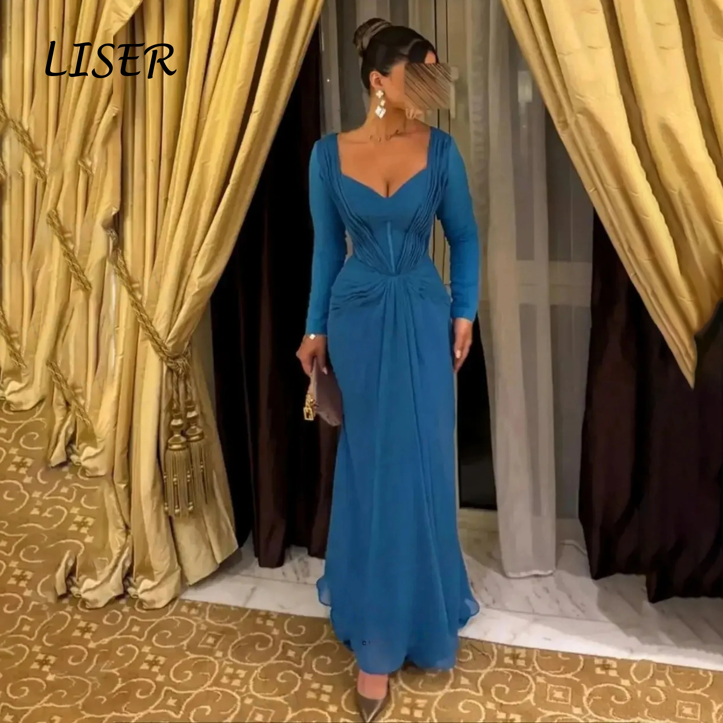 Liser Vintage Blue Evening Dresses Saudi Arabic Women Long Sleeves Sweetheart Mermaid Prom Gowns Customized Occasion Formal