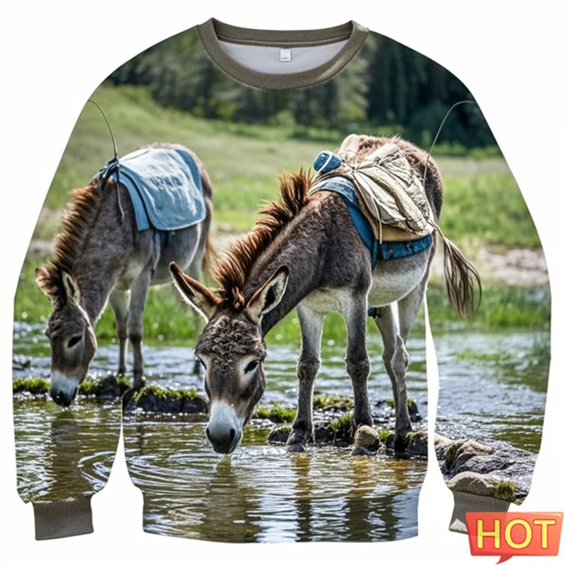 

Wild Animal Donkey 3D Graphic Sweatshirts For Men Long Sleeved Pullover Funny Donkey Drinking Water Printed Hoodie Sportwear