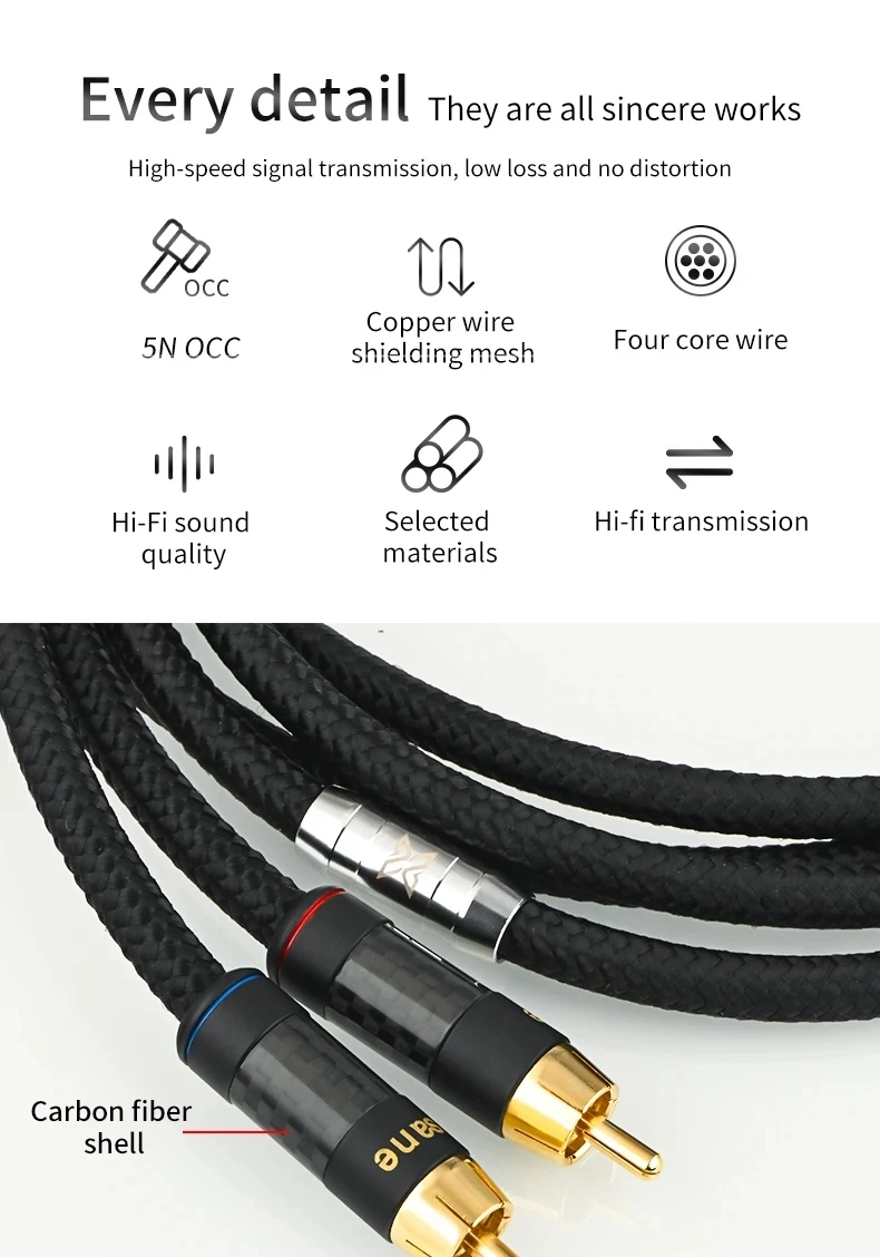 Hifi Rca Cable 5N OCC Four-core Male to Male Audio Cable Power plug Amplifier CD Carbon Fiber Audio Cable