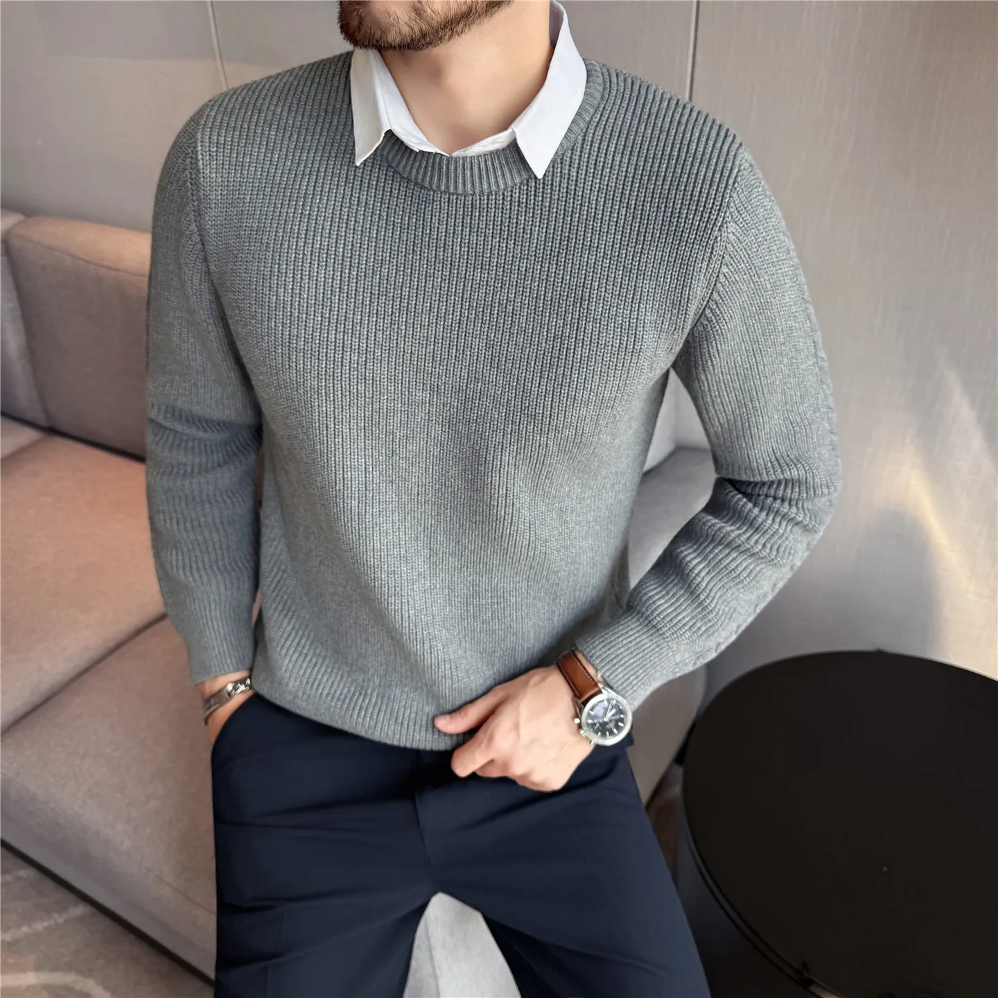 

Поддельные 2 шт., мужские свитера с воротником рубашки и антипиллинг, высокое качество, 100% хлопок, деловая повседневная пряжа, мужской свитер, облегающий крой