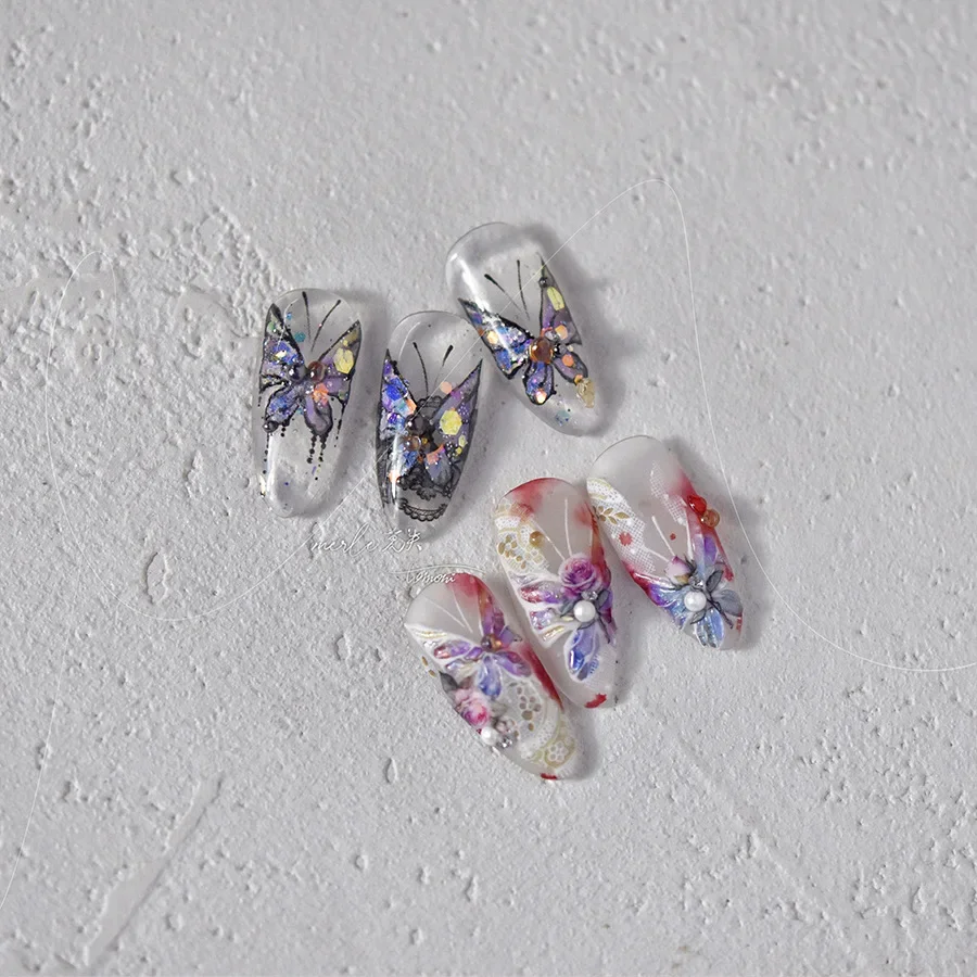 Hot Stamping Purple Blue Butterfly 3D Self Adhesive Nail Art Stickers Shiny Rhinestone Tulips Illusion Colorful Manicure Decals