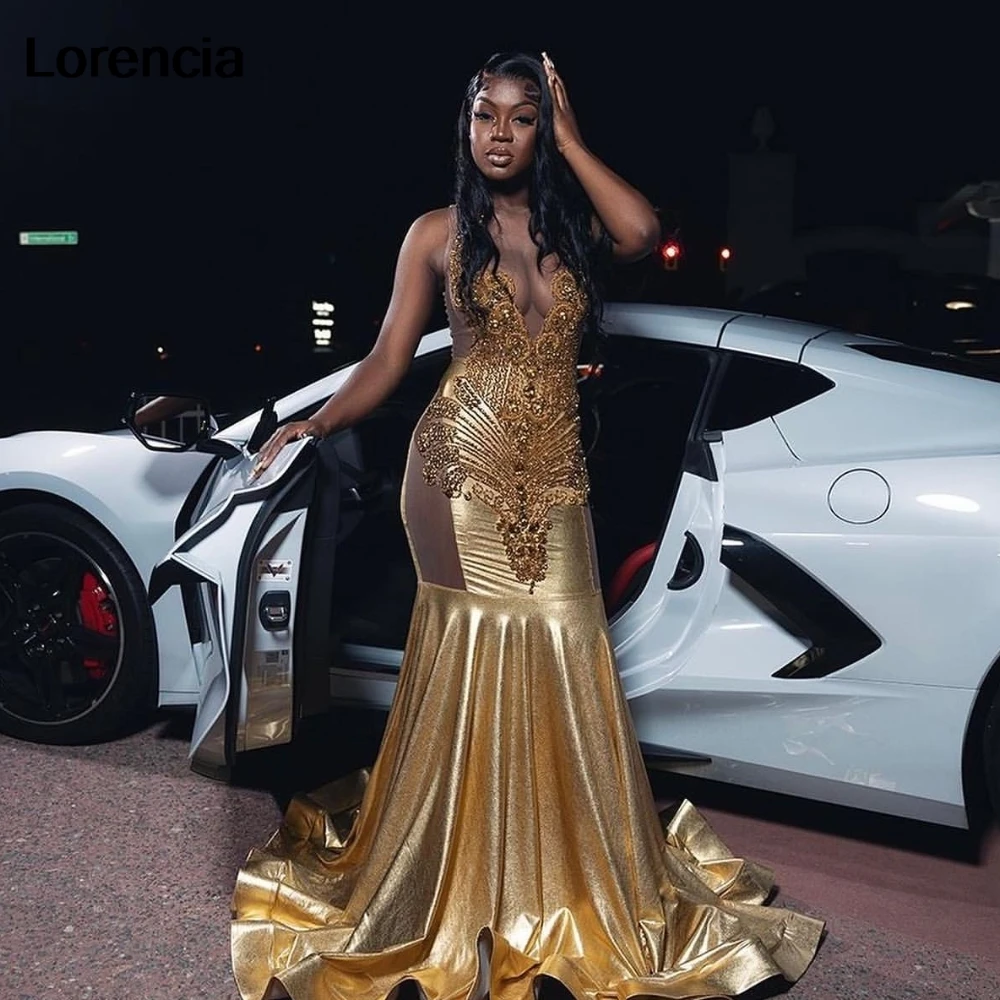 Customized Gold Long Prom Dress Black Girls Crystals Rhinestones Beaded Ruffles Birthday Party Gowns Robe De Soiree YPD135