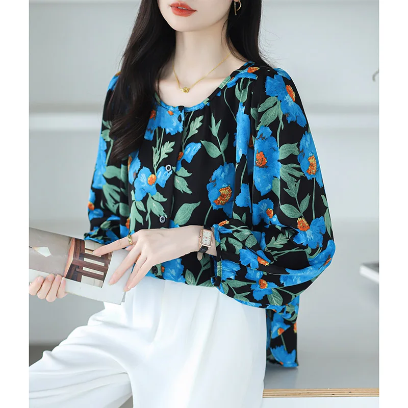 Women Clothing Loose Casual Oversized Print Shirt Autumn Fashion All-match O-neck Long Sleeve Blouses Office Lady Chiffon Tops