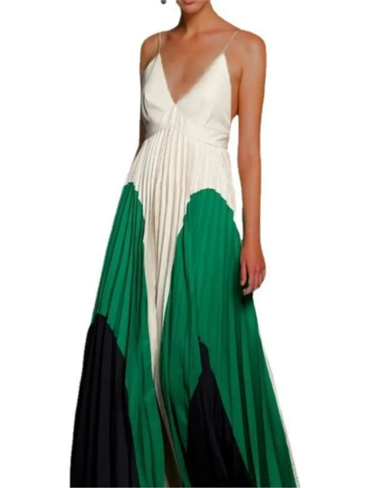 Summer New Color Matching Spaghetti Strap Dresses Women Sexy V-neck Backless Folds A-line Long Dress Temperament Ladies Vestidos
