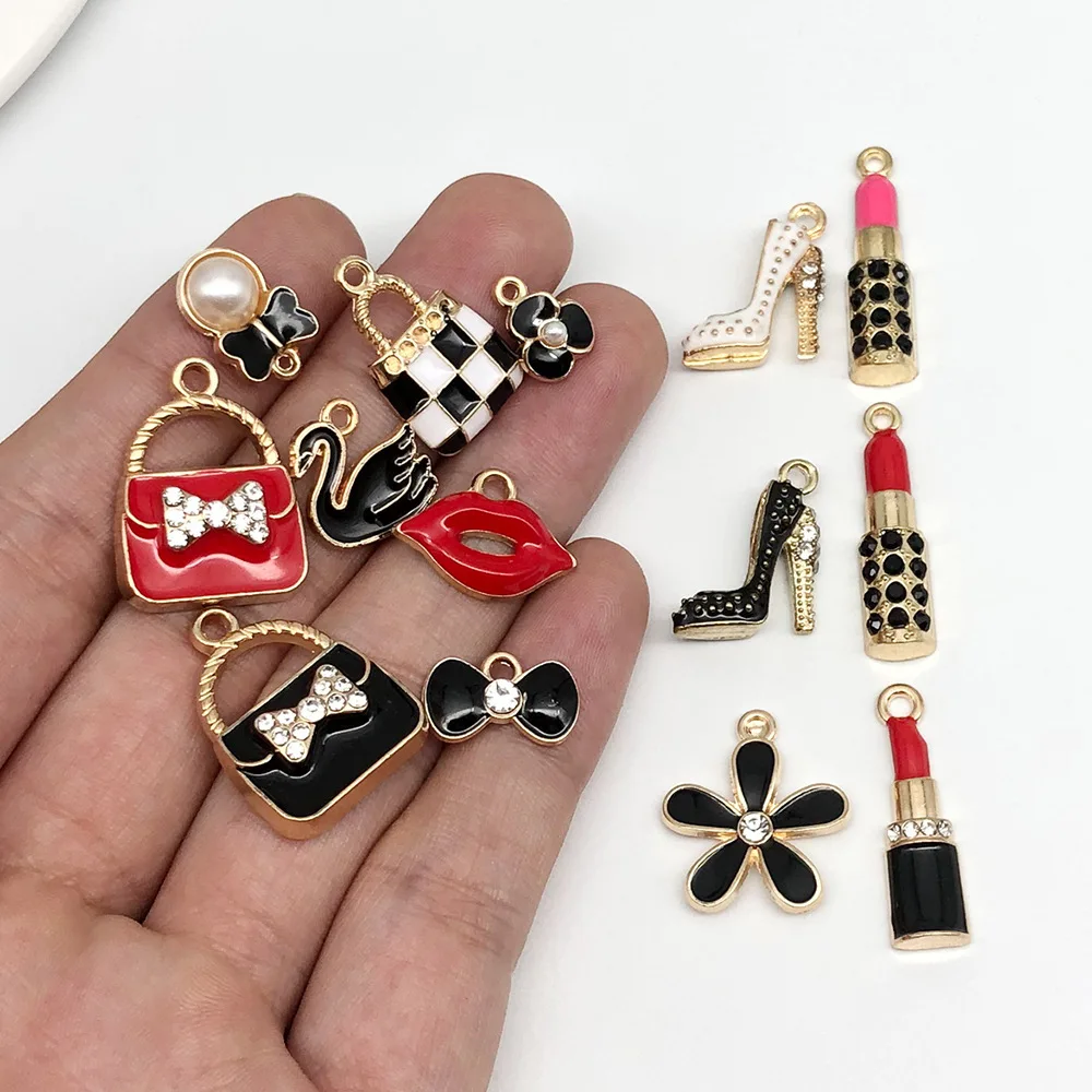 10pcs Lady's Red Lips Enamel Charms High Heels Shoulder Bag Lipstick Black Flowers DIY Pendants Accessory Jewelry Handmade Craft