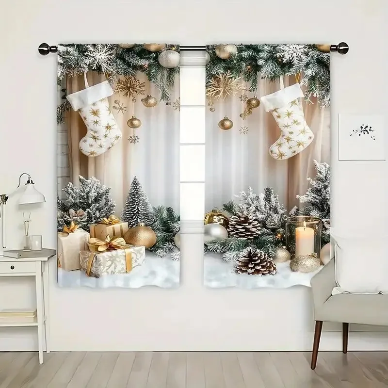 2PCS Digital Print Curtains, White Gold Christmas Stockings Pine Balls Gifts Snow, Farmhouse Holiday for Living Room Bedroom
