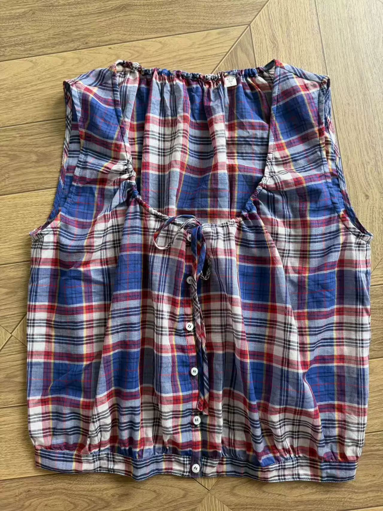 

Drawstring O-Neck Women Plaid Vest Summer Sleeveless Single Breasted Casual 100% Cotton Tank Tops