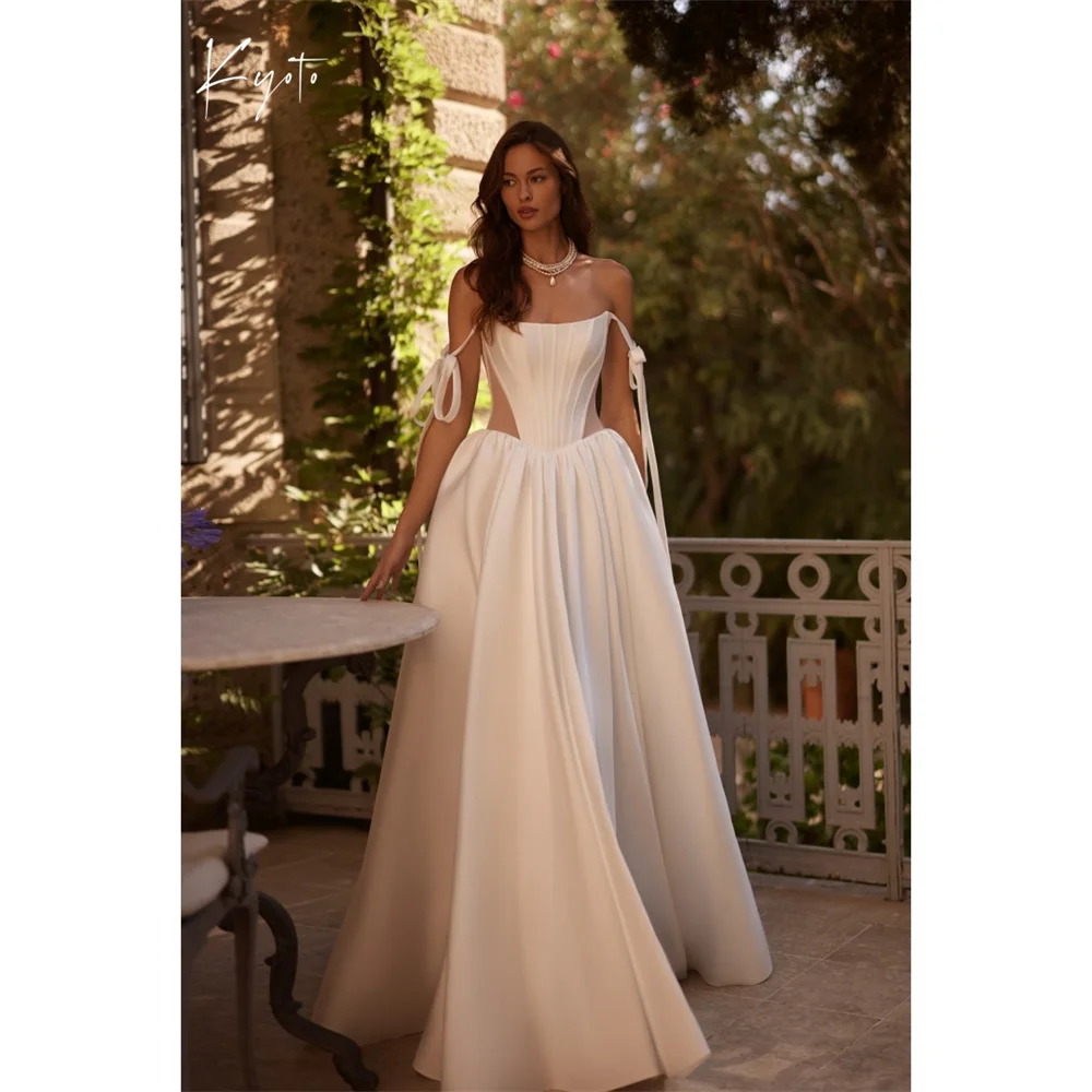 

Kyoto Customized White Bow Straps Wedding Dress Sleeveless Lace-Up vestidos de noiva Elegant A-Line Satin Evening Dress 2026