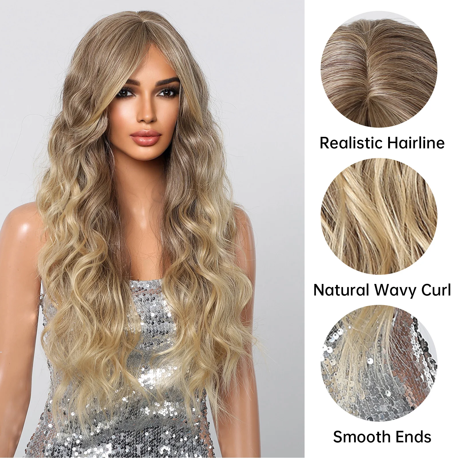 Wavy Long Ash Brown Ombre Synthetic Wig with Bangs Deep Wave Curly Light Golden Women Wig Daily Cosplay Fake Hair Heat Resistant