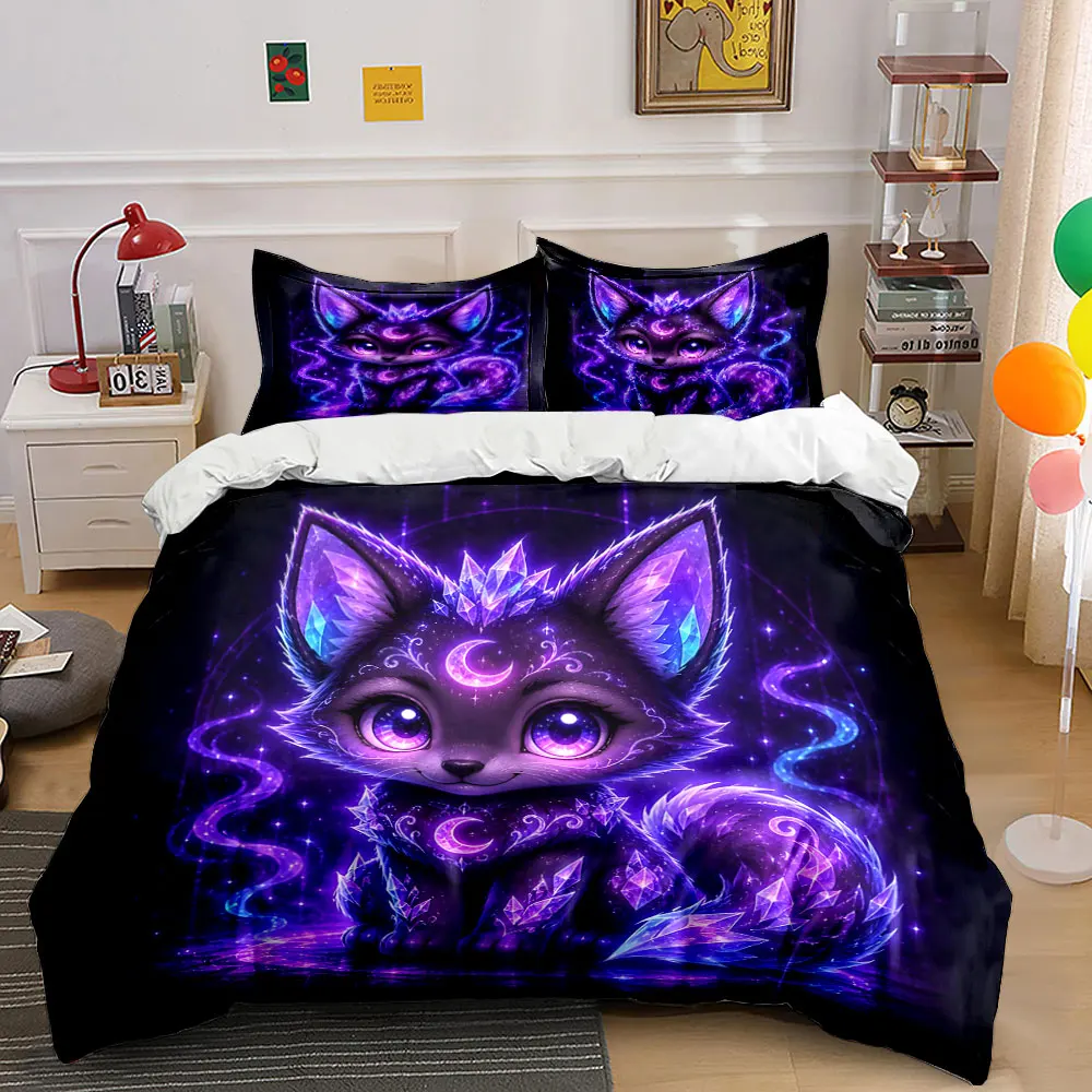 Fantasy Purple Fox Pattern Duvet Print Bedding Set 1 Duvet Cover 2 Pillowcases for Adult and Children Luxury Gift Full Size