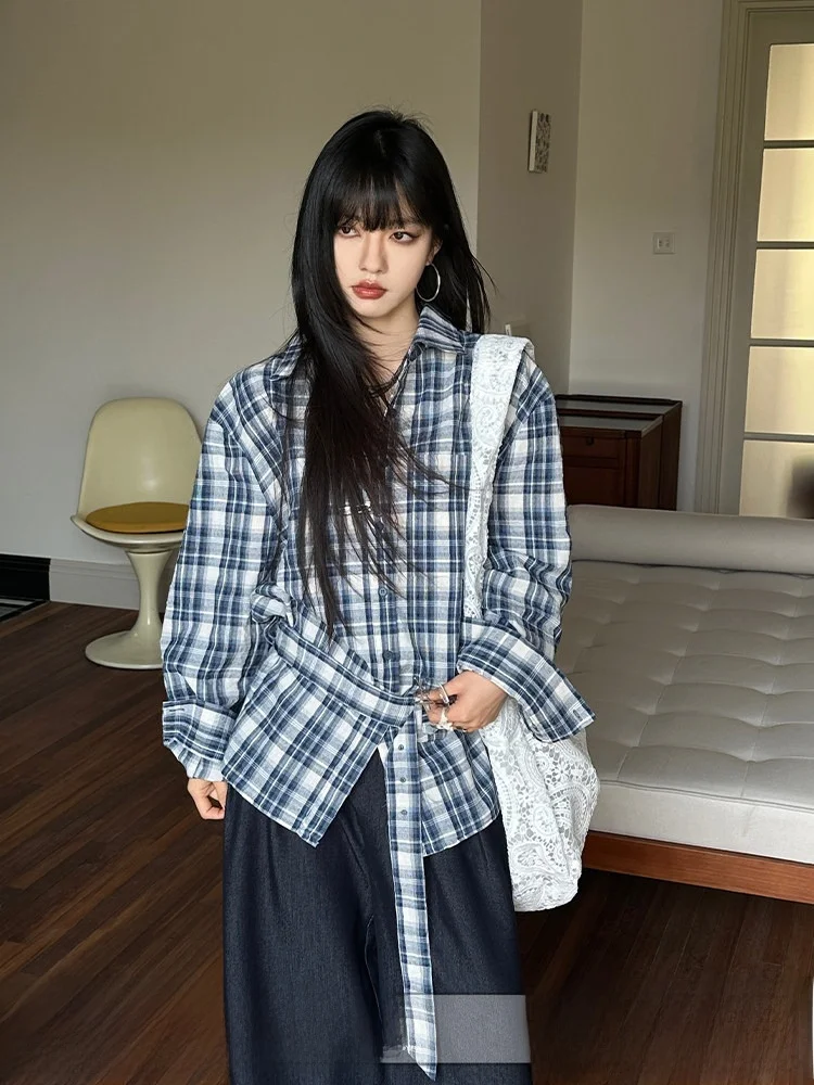 

Синий клетчатый женский повседневный длинный све в стиле ретро, весна-осень, завязанный на талии, дизайн волос с высокой талией, смесь хлопка