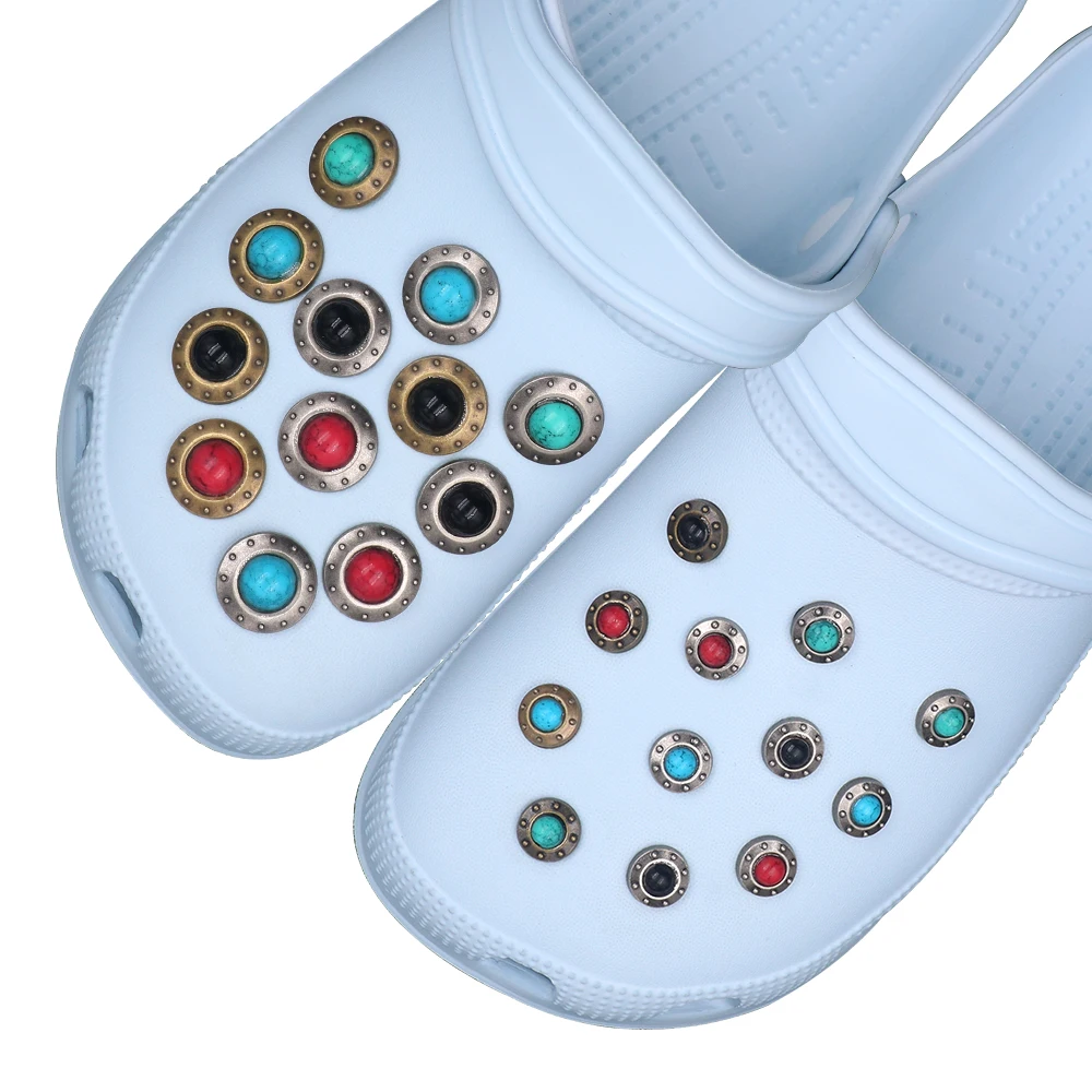 Shoe Accessories Charm Detachable Simulated Turquoise Rotundity Metal Hole Sandals Decorations Pins Adult Kids Gift 1 Set 16 Pcs