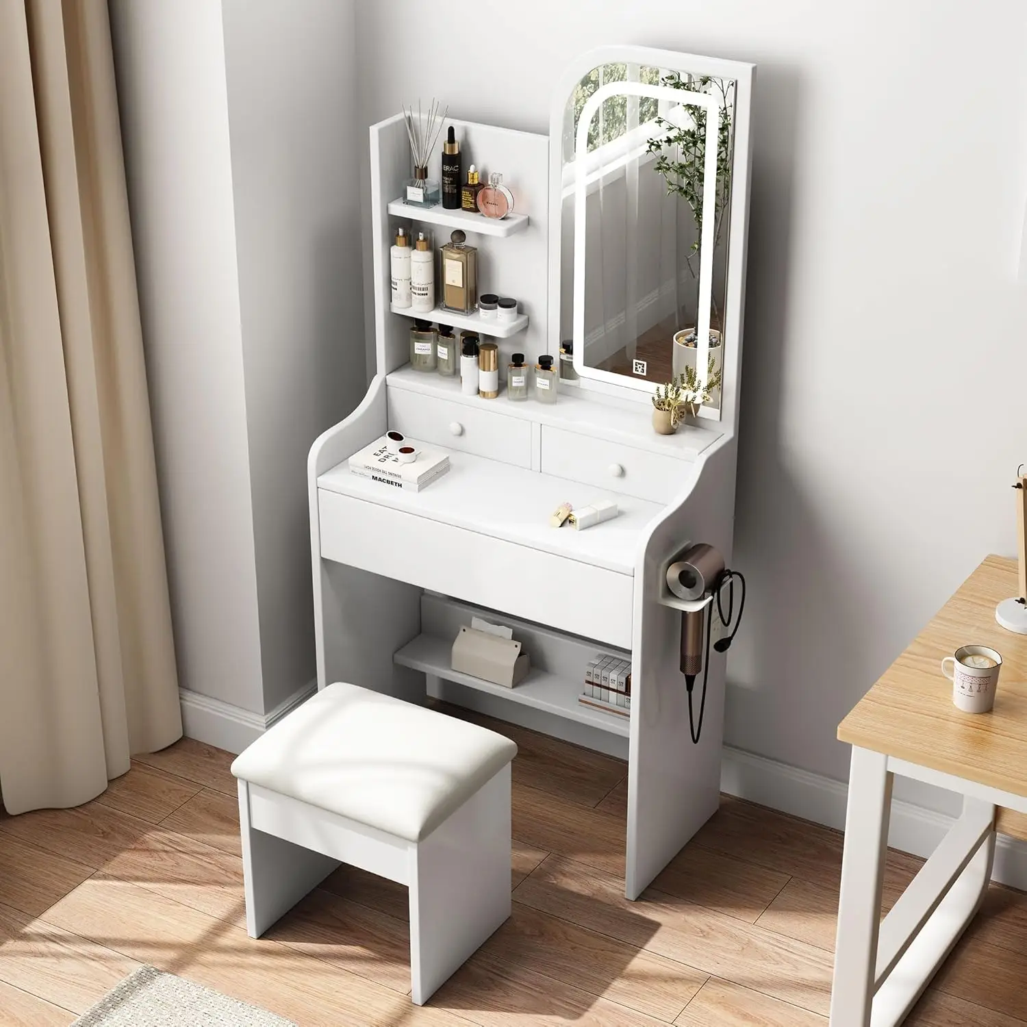 A small dressing table with power socket, a mini white dressing table with mirror and light, and a stool image 6