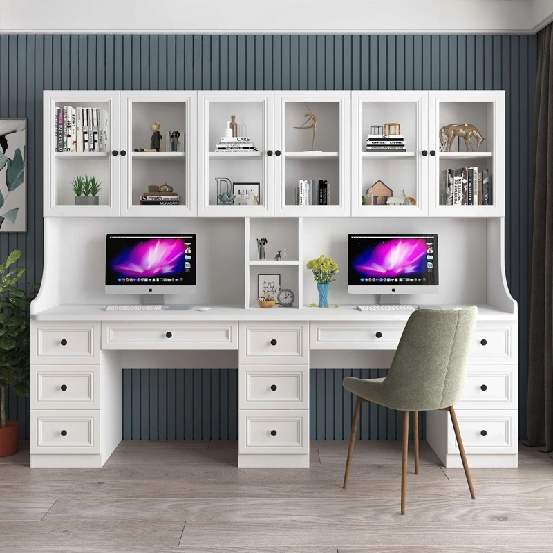 Modern minimalist two person desktop computer desk, home assembly, student writing desk, desk cabinet, integrated office desk