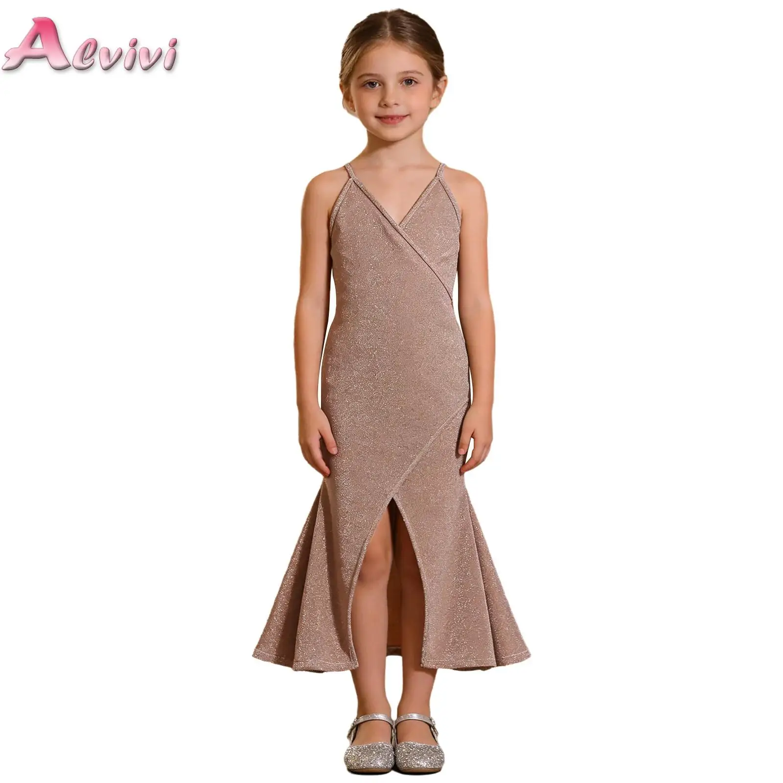 

Kids Girls Shimmery Split Party Dress V-Neck Adjustable Spaghetti-Straps Dress for Birthday Party Pageant Stage Performance