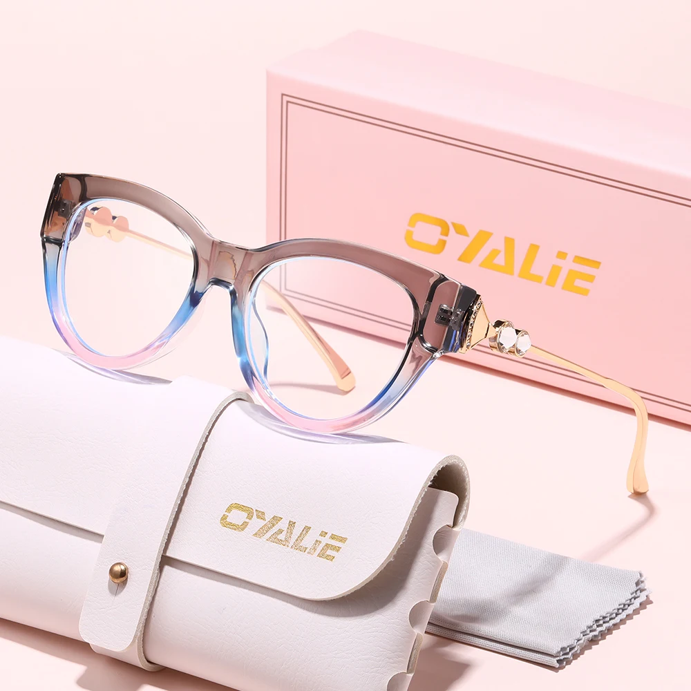 Oyalie マルチカラーのファッショナブルなキャットアイフレームメガネ、絶妙なラインストーンで装飾され、高級感を添え、さまざまな場面に適し、服装を補完します。