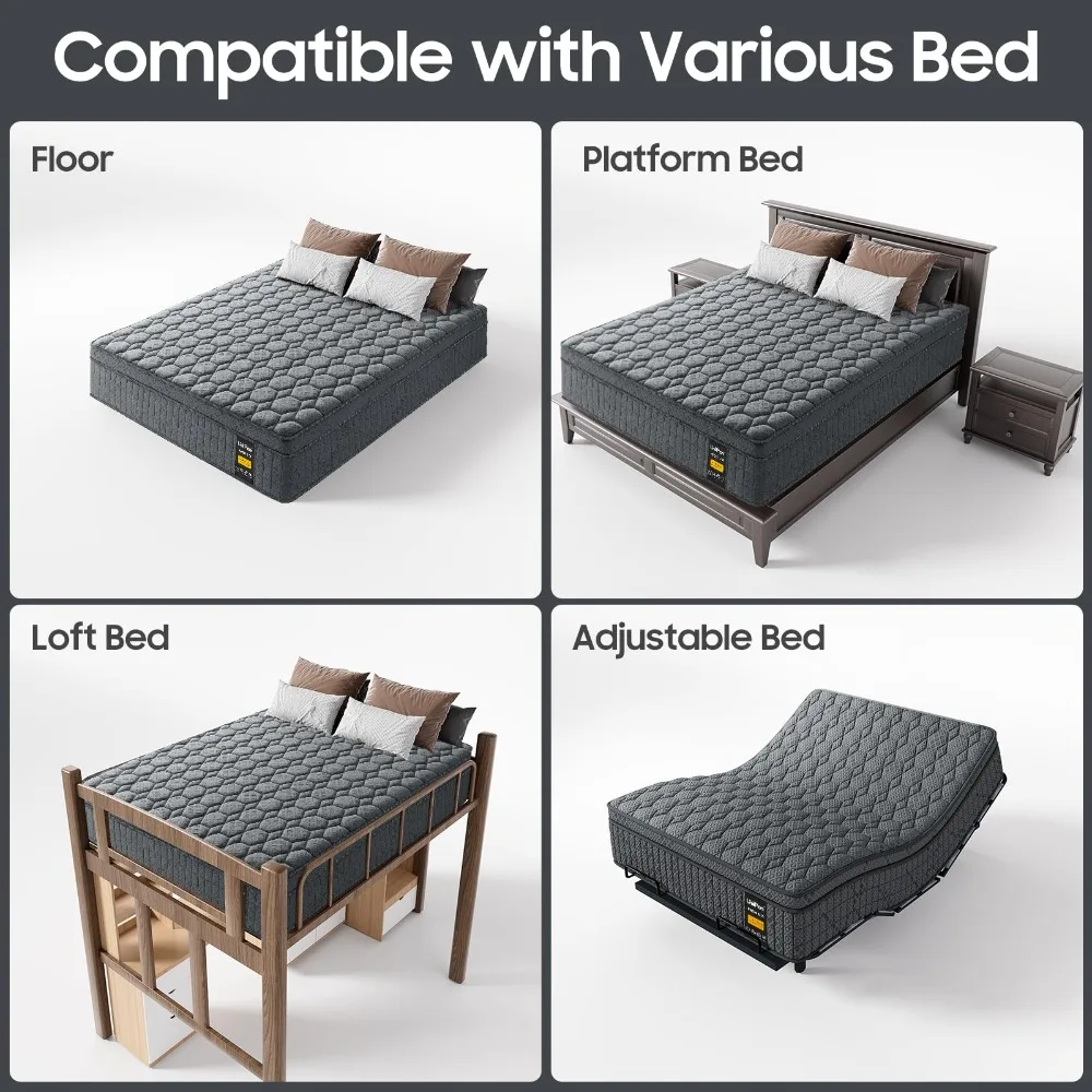 Medium Firm Mattress Queen 14 inch, Hotel Style Hybrid Mattress with Back and Lumbar Support, Fiberglass Free, 365