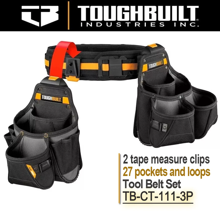 ToughBuilt TB-CT-111-3P ClipTech Tradesman Tool Belt Set (3pcs) 27 Pockets and Loops Heavy Organizer Tool Pouch