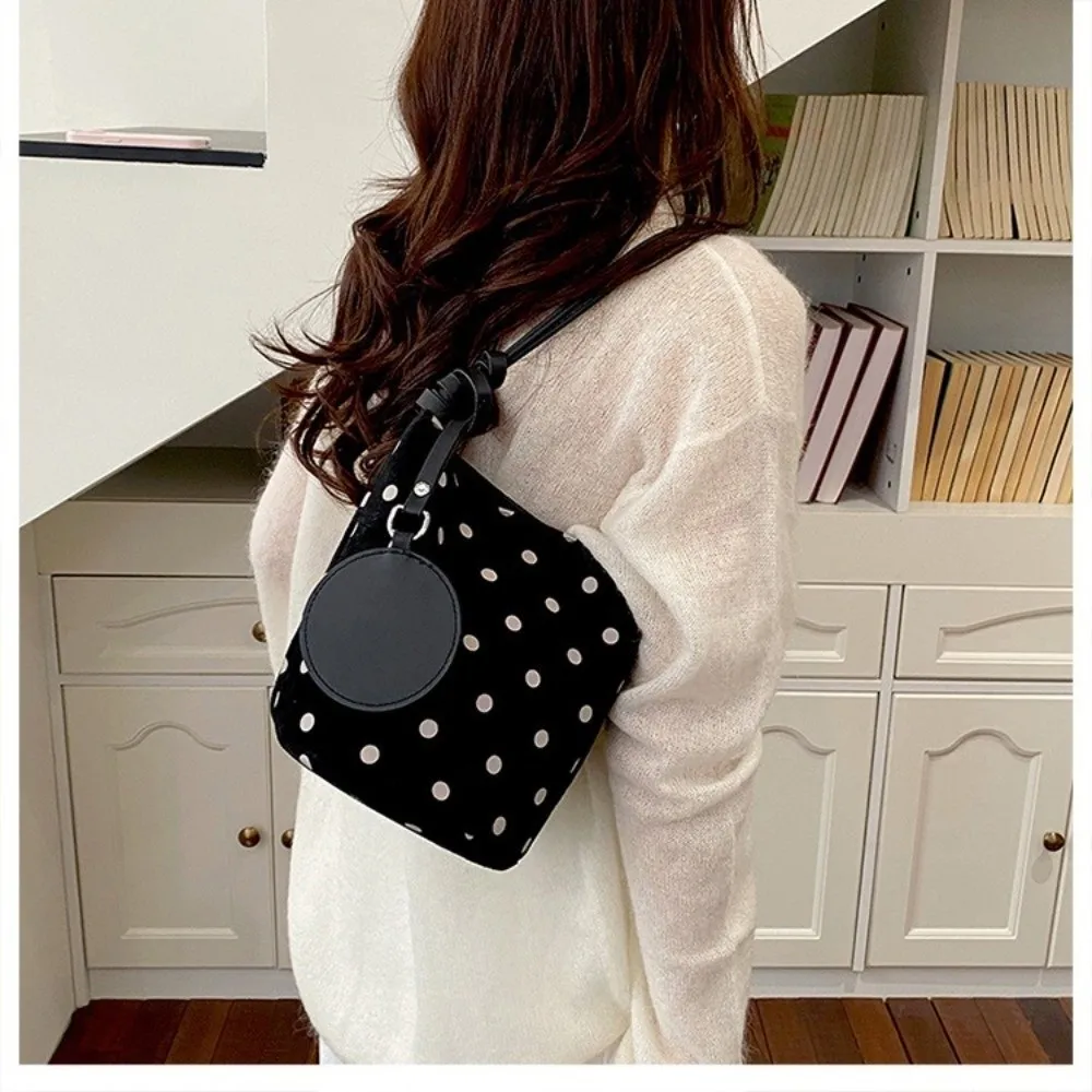 Suede Texture Bucket Handbag Polka Dot Print Minimalist Style Polka Dot Shoulder Bag Small Size Retro Design Crossbody Handbag