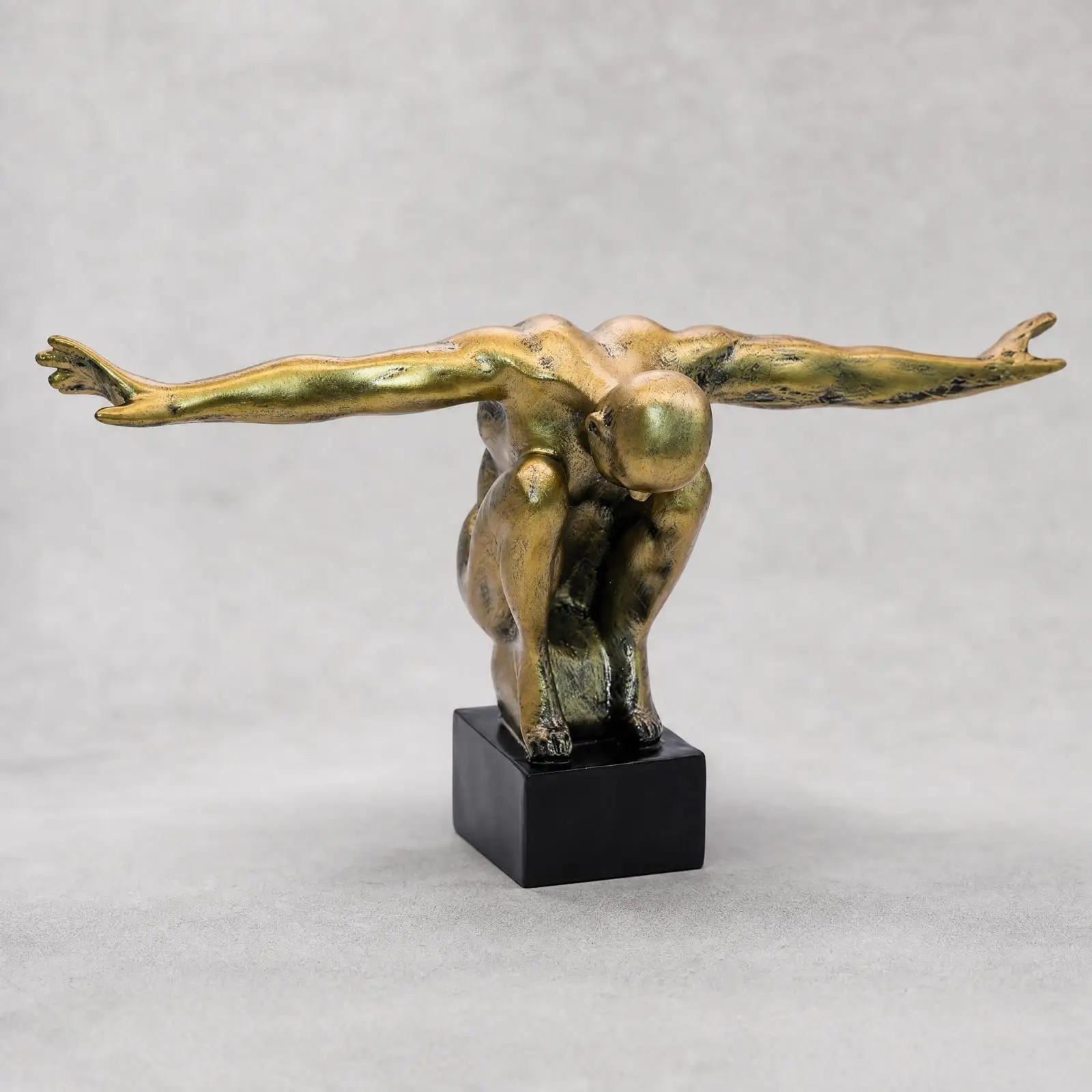 Flying Human Figure Sculpture Smooth Finish Sculpture with Rectangular Black Base Leaning Figure Resin Statue Intricate Details