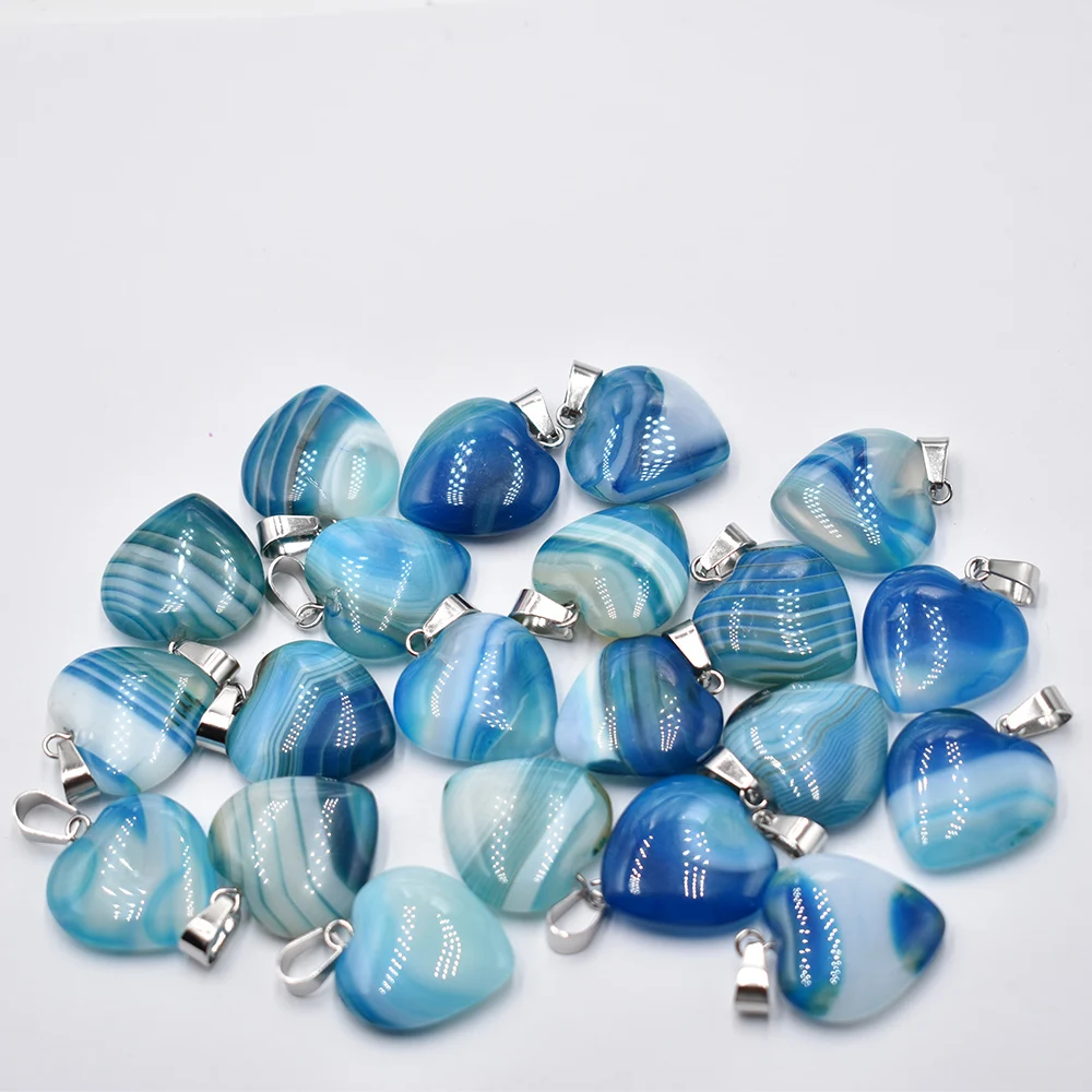 Wholesale 50pcs/lot Fashion Assorted 20mm heart natural stone Striped agate charms pendants for jewelry making Ffee shipping