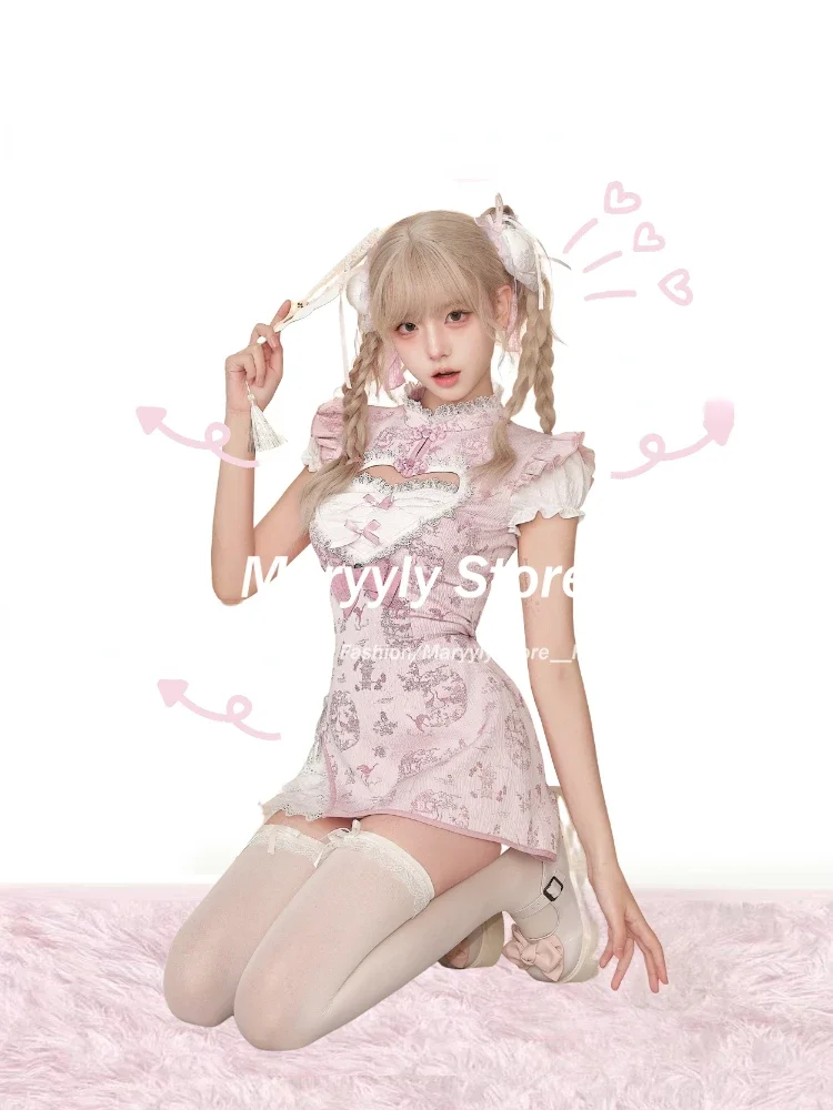 Japanese Vintage Kawaii mini Dress Women sweet Lolita Lace Bow Mini Dress Female casual y2k Patchwork Apron Slim one piece Dress