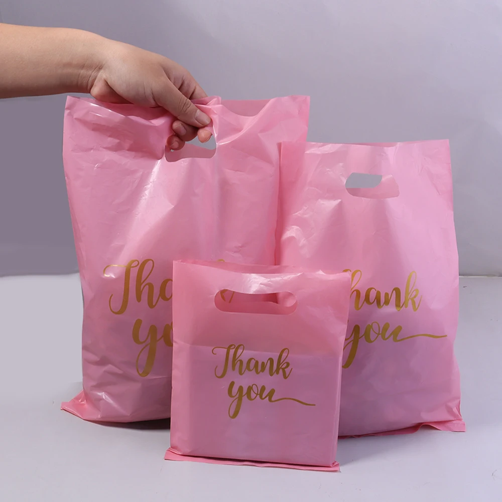 20 قطعة شكرًا لك حقيبة تسوق بلاستيكية مع مقبض بولي يموت قطع البلاستيك البضائع هدية حقيبة هدية للشركات الصغيرة بالتجزئة