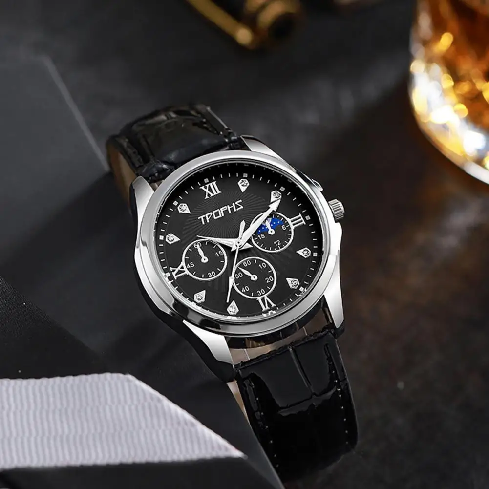 Men Commute Watch Stylish Men's Quartz Watch with Rhinestone Decor Faux Leather Strap High Accuracy Timepiece for Business