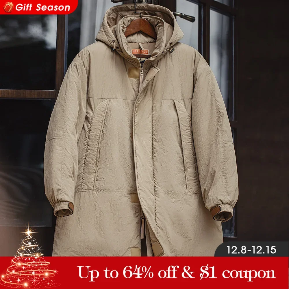 Maden Vintage Mid-length Padding Cotton Jackets Khaki Hooded Coat Pcu Level\'7 Jacket for Men\'s Winter Warm Classic Parka Coat