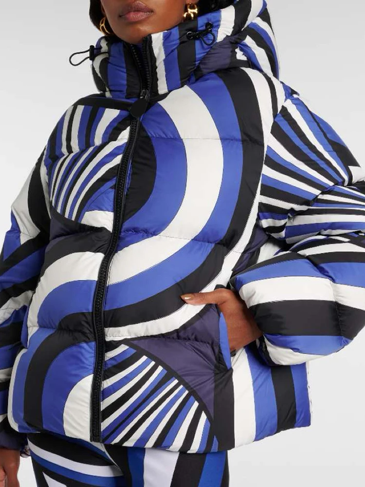 Winter Fashion Vintage Geometric Print Casual Straight Barrel Down Jacket Women's Hooded Long Sleeve Straight Barrel Warm Coat