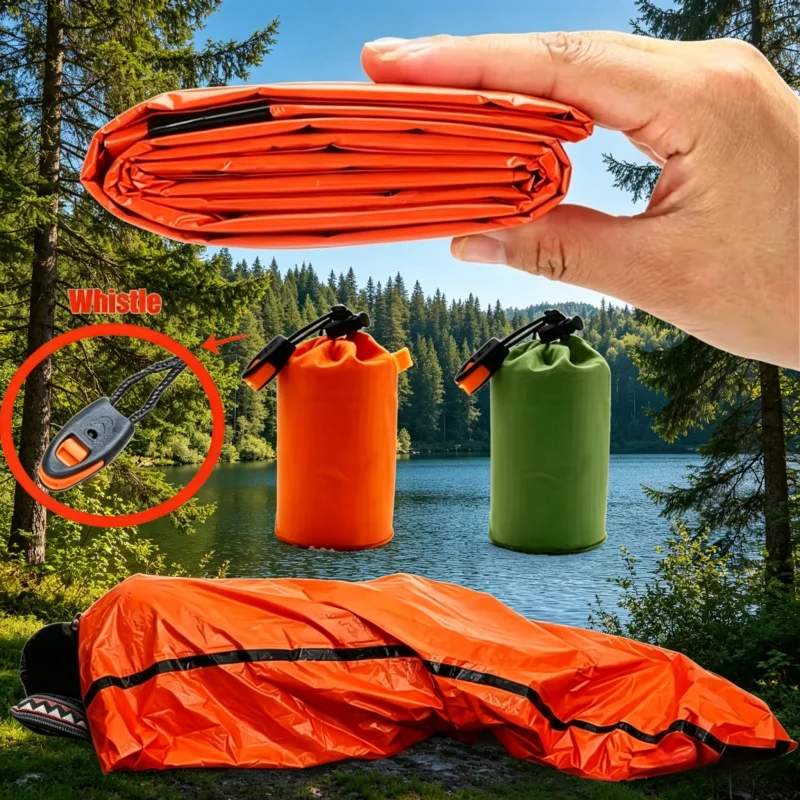 Sturdy Insulated Emergency Blanket, foldable thermal sack design, lightweight outdoor supplies for hiking and camping.